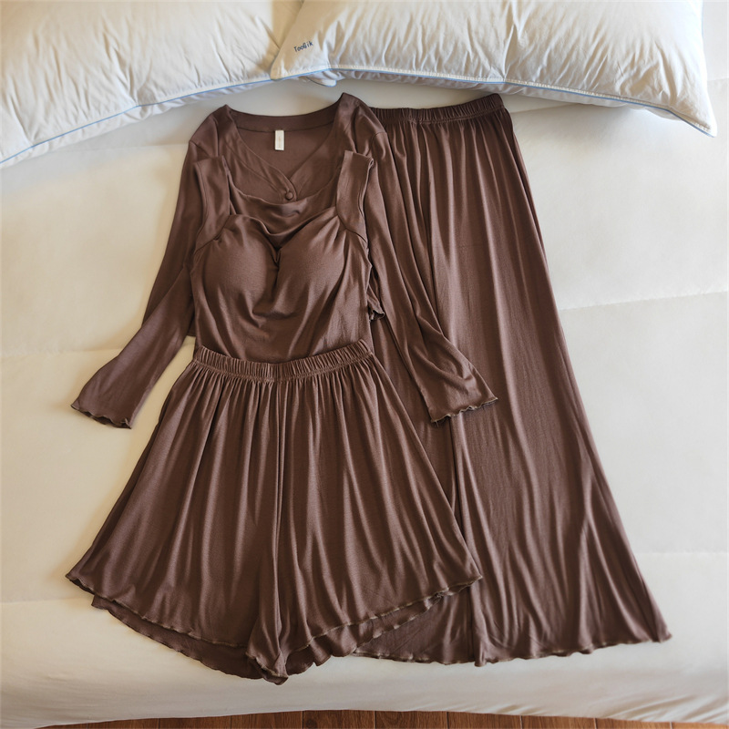 8320#브라운 조끼 + 반바지 + 바지 + 재킷 [고정 가슴 패드]