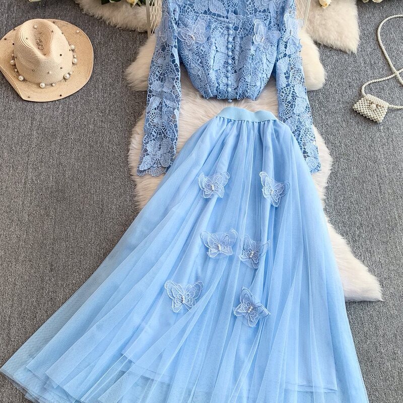 Socialite's Youthful Lace Round-Neck Top + Three-Dimensional Butterfly Fairy-Style Flowing Long Mesh Skirt Two-Piece Set