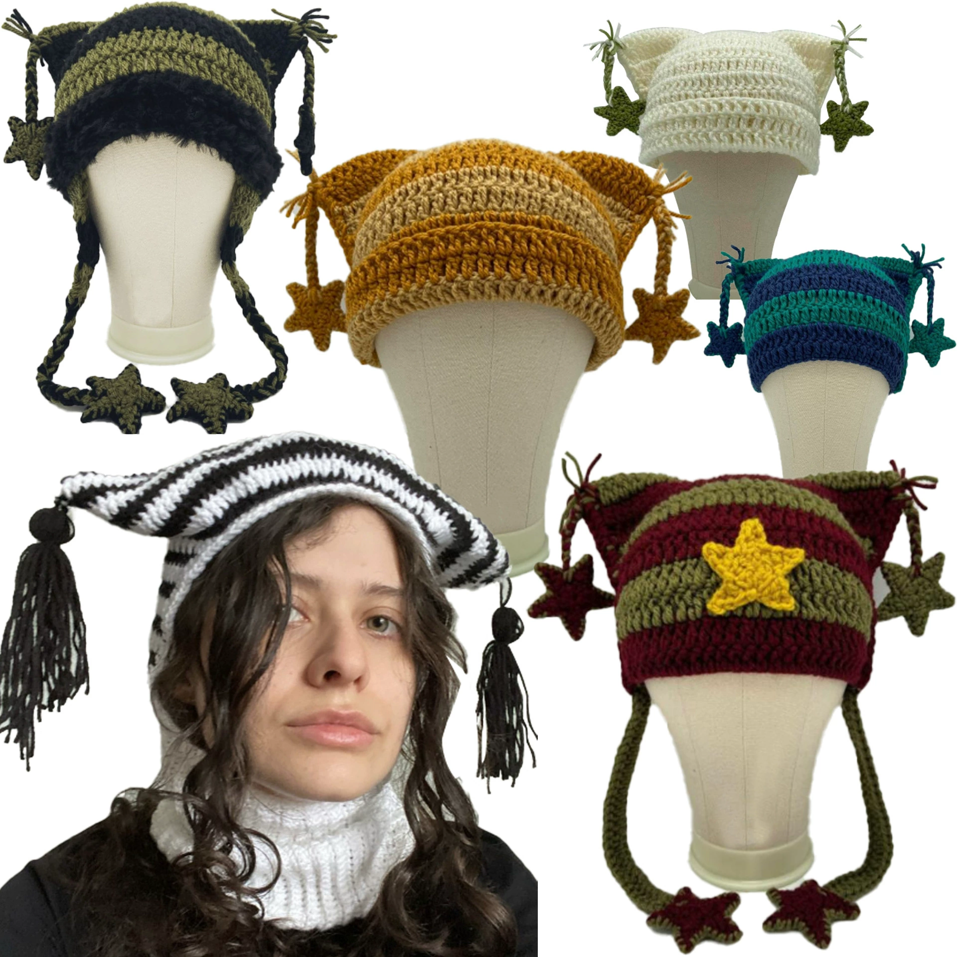 Амазонка Горячая Звезда Кошка Колпачок Для Взрослых Теплый Ручной Работы Крючком Лисье Ухо Полосатая Шерстяная Шапка Оптовая