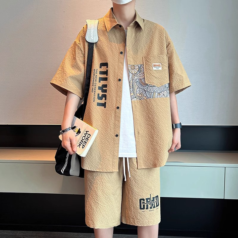 2026 New Men's Casual Shirt Set, Summer Ice Silk Thin Short-Sleeve Shirt and Shorts Set, Plus Size (300 lbs)