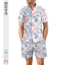 跨境欧码男士休闲宽松衬衫套装夏威夷海边3d数码印花沙滩短袖短裤