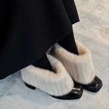牛皮版~小众高级感高跟毛毛靴女加绒保暖方头雪地靴真皮短靴棉靴