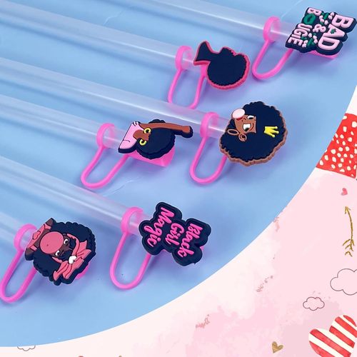 Cross-border Black Girl Series Pink 10mm Creative Personalized Soft Rubber Straw Cover Decorative Accessory Dust Plug