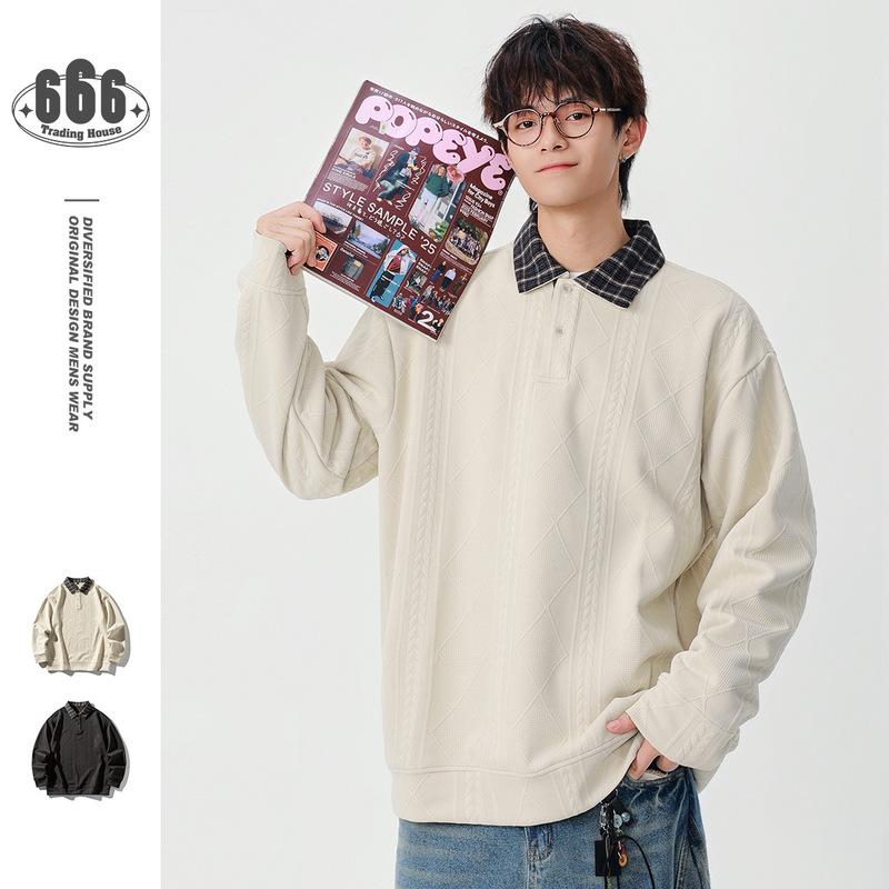FLYCLAN美式设计感格子拼接翻领POLO衫春秋季外套男卫衣外套Q8923|undefined
