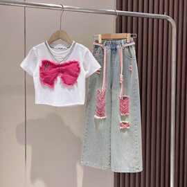 .女童牛仔裤夏季套装2024新款中大童时髦破洞牛仔裤儿童洋气夏装