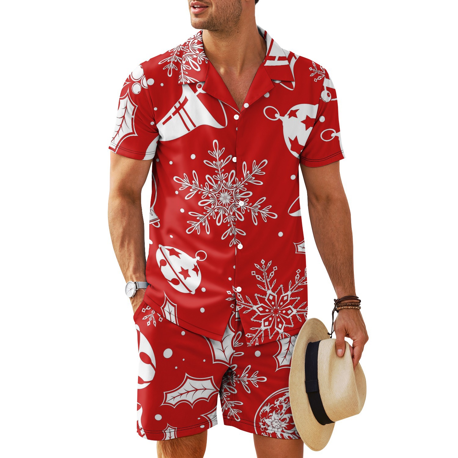 Transfronterizo 2025 nuevo estilo Amazon europeo y americano patrón de nieve cuello cubano camisa de manga corta pantalones cortos traje MB34 MA04