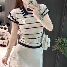 甜美风翻领条纹大朗针织衫2025秋季新款撞色宽松减龄飞飞袖上衣