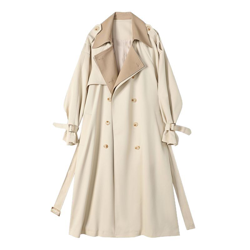 Áo khoác trench coat nữ dáng dài trung bình, form rộng, cổ vest, tay dài, phong cách thanh lịch — Màu be (chất lượng cao cấp)
