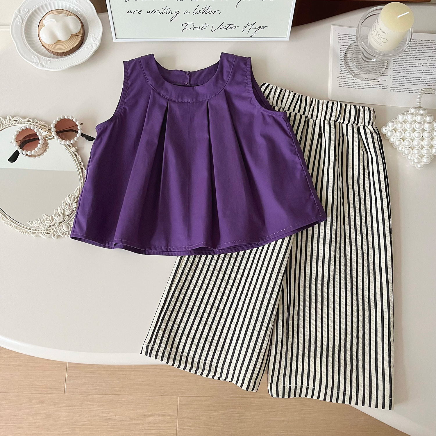 Mädchen Sommer Set Ärmelloses Oberteil Und Gestreifte Hose_voghion.com
