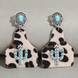 速卖通外贸新款复古酒瓶型马毛豹纹仙人掌雕花绿松石耳坠批发直销