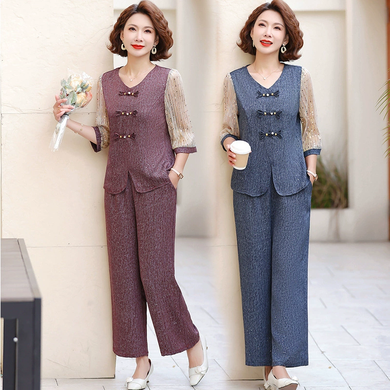 Летний стильный костюм для женщин среднего возраста, новая футболка со средним рукавом, модный комплект из двух предметов для женщин среднего и пожилого возраста для похудения.