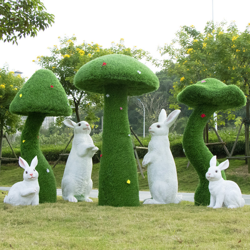 Parque Bosque Simulación Mushroom Escultura Decoración de jardín Patio Decoración de conejo Césped FRP Animales Escenografía