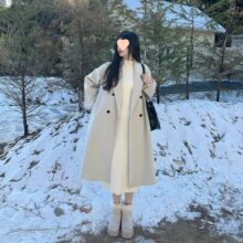 2025春夏燕麦色双面呢大衣西装领宽松小个子中长款毛呢子外套