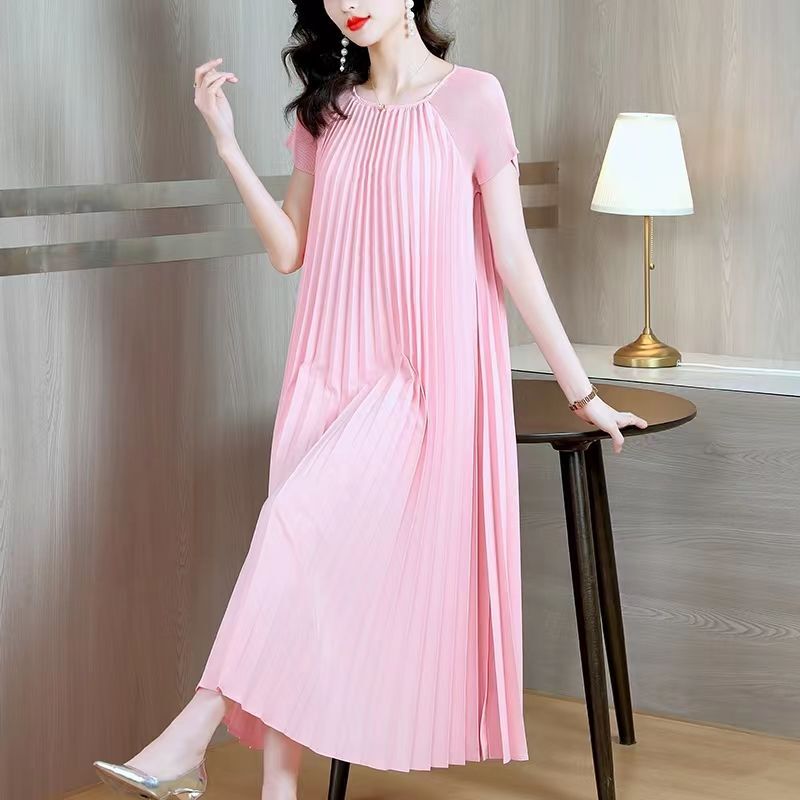 Pink dress Women's plus size Loose Pleated Skirt Short-sleeved Miyake Pleated Skirt Line plus size chubby girl Slimming Age-reducing