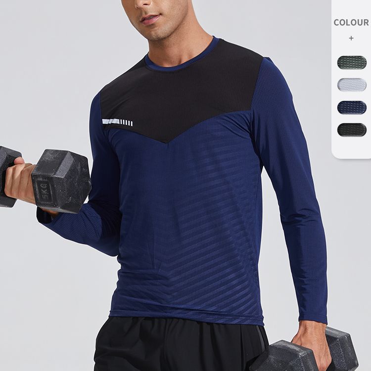 New Casual Color-Blocked Long-Sleeved Men's Quick-Drying Clothing Breathable Reflective Strip Sports Sweat-Absorbent Round Neck Running Fitness Clothing T-Shirt