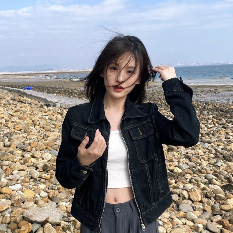拉链牛仔外套复古小众设计翻领短款开衫秋季百搭修身小香风上衣女|undefined