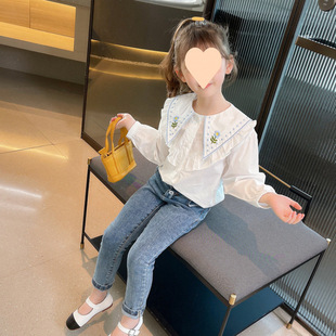 Girls White Shirt Cotton Long-Sleeved Spring 2025 New Kidsren's Shirt Girls Fashionable Doll Collar Top