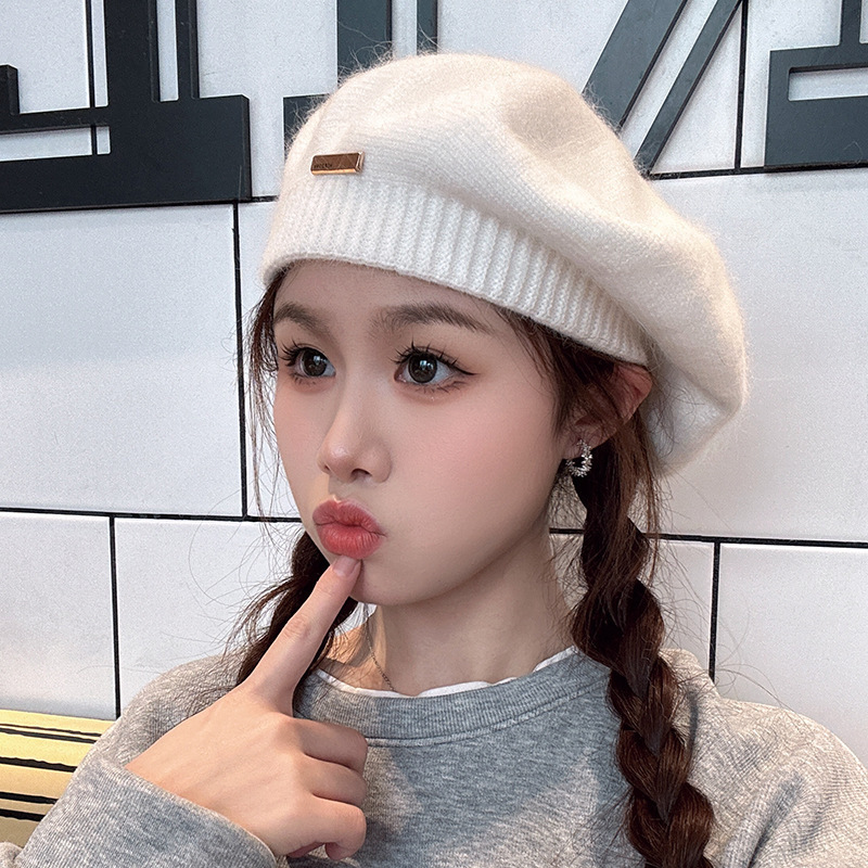 Hat New Women's Metal Label Beret Retro British Painter Hat Adult Autumn and Winter Cloud Warm Hat Korean Version