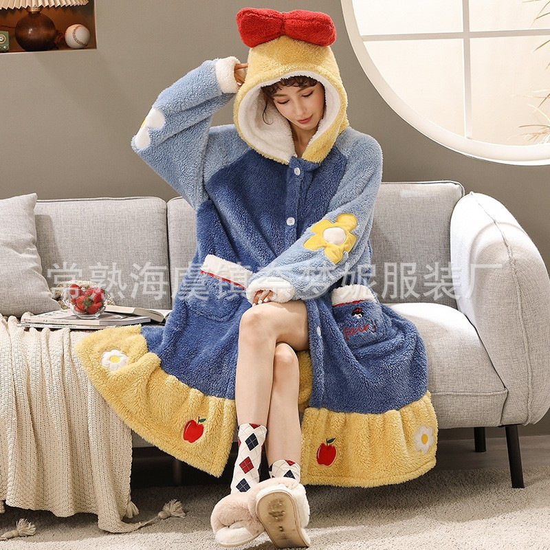 Snow White Cartoon Nightgown Bathrobe Plus Velvet Thickened Autumn and Winter Comfortable Cotton Velvet Girls Long Sleeve Home Clothes Wholesale
