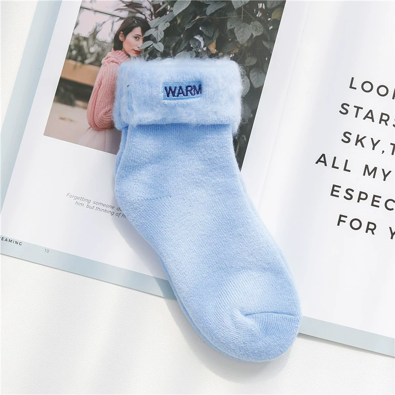 Warm knee socks with plush fur cuff and embroidery, mid-length, assorted colors