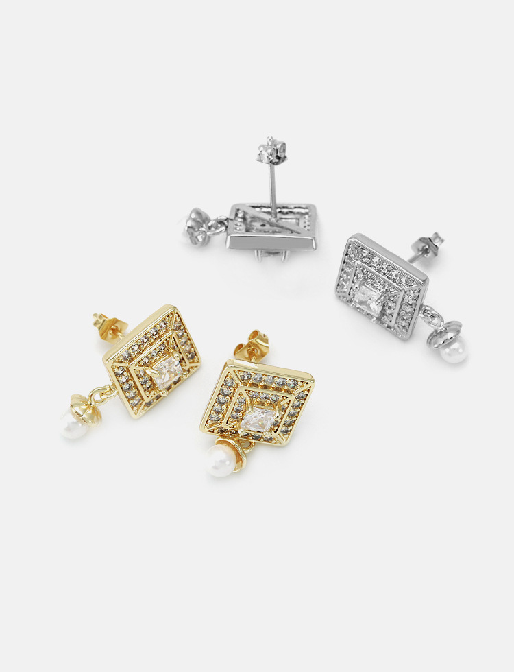 White Color Wholesale Fashion Gold-plated Square Zircon Pearl Earrings