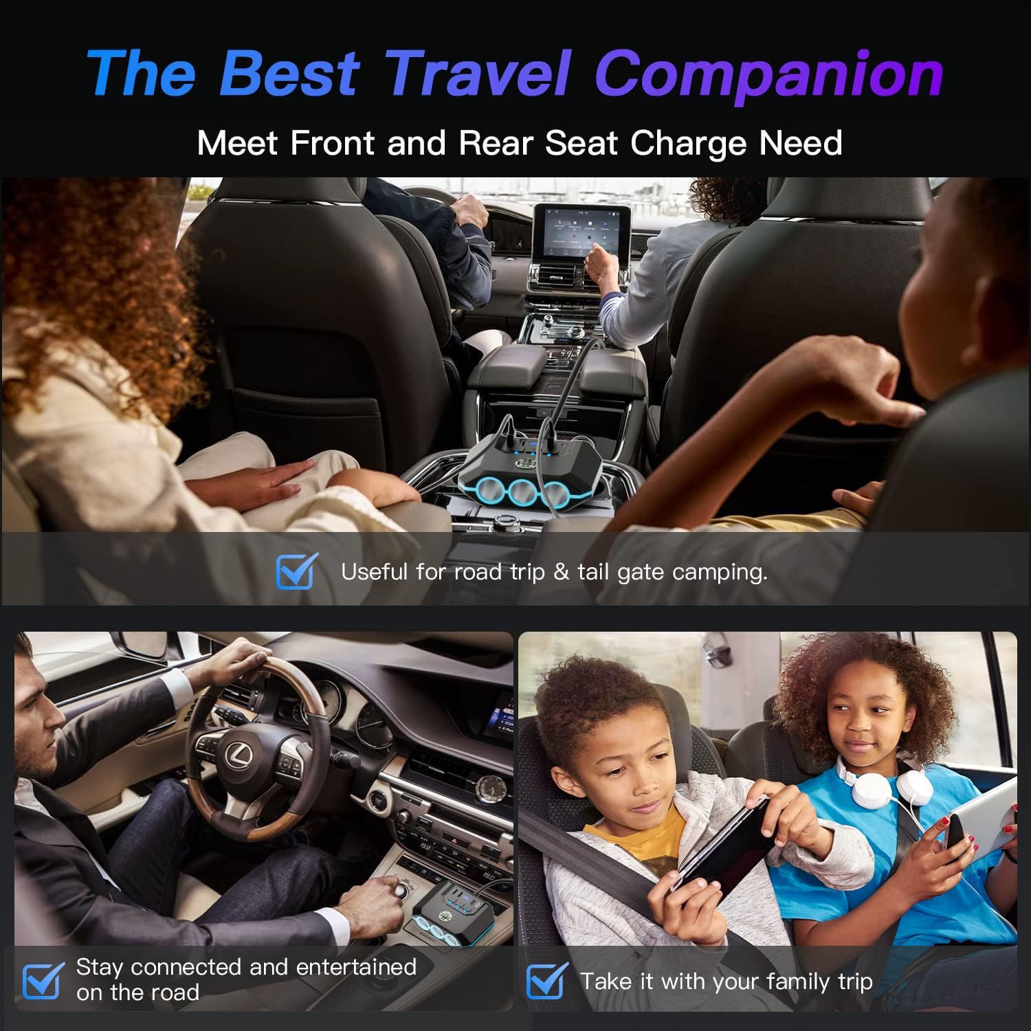 Car Cigarette Lighter Adapter with Switch, Voltage Display, 4 USB Ports, 120W Custom Car Charger for Mobile Phones