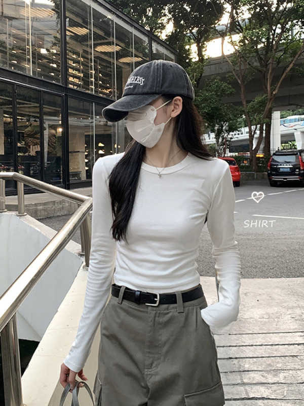 圆领长袖打底衫白色T恤女装秋季基础修身时尚感百搭正肩内搭上衣|undefined