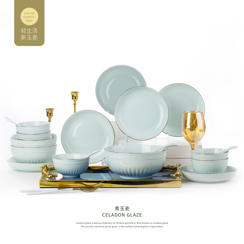 Jingdezhen Ceramic Tableware Accessible Luxury Green Glaze Tableware Creative Household Jade Porcelain Plate Gold Bowl and Plate Set Gift