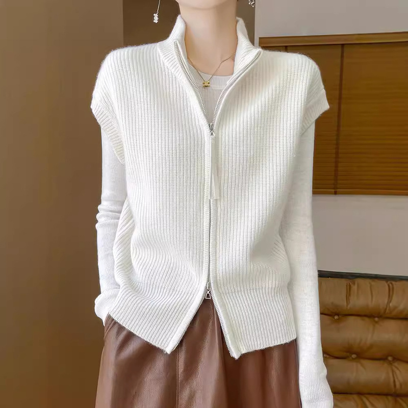2024 Autumn and Winter High Collar Double Zipper Wool Vest Women's Loose Slim Easiest for Match Thickened Knitted Cardigan Waistcoat
