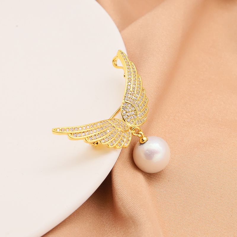 Natural perla broche Ángel alas nicho de alta calidad accesorios ramillete ZIRCON micro-incrustaciones 18K oro real electrochapado mujeres image 3