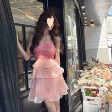 【现货】2024新款高级甜美粉色连衣裙立体花朵拼接茶歇公主蓬蓬裙