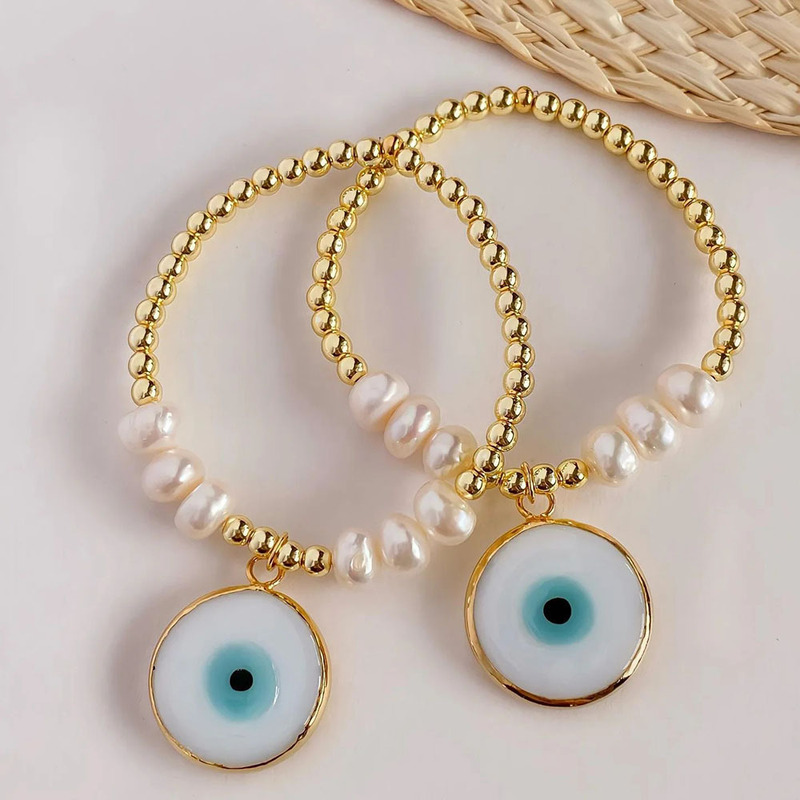 Ins Niche European, American and Turkish Ethnic Glaze Evil Eye Gold Pendant All-match Natural Pearl Beaded Bracelet