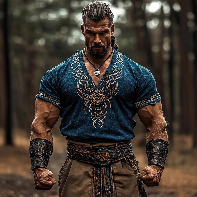 European and American Cross-Border Summer Men's Linen Short-Sleeved Loose Casual Round Neck T-Shirt 3D Ethnic Style Digital Printed Short-Sleeved