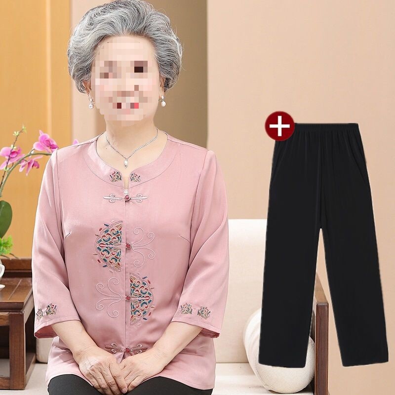 Grandma's Summer Shirt Tops for Women, Three-Quarter Sleeve Mom's Clothing, Large Size Cardigan Shirts for Women, Loose-Fitting Clothes for the Elderly Grandma's Summer Shirt Tops for Women, Three-Quarter Sleeve Mom's Clothing, Large Size Cardigan Shirts for Women, Loose-Fitting Clothes for the Elderly