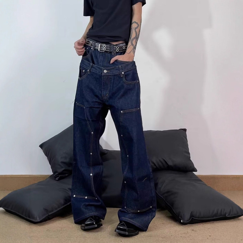 American Retro Rivet Faux Two-Piece Jeans for Men, Autumn Street Versatile Fashion Double Waistband Lumberjack Wide-Leg Pants