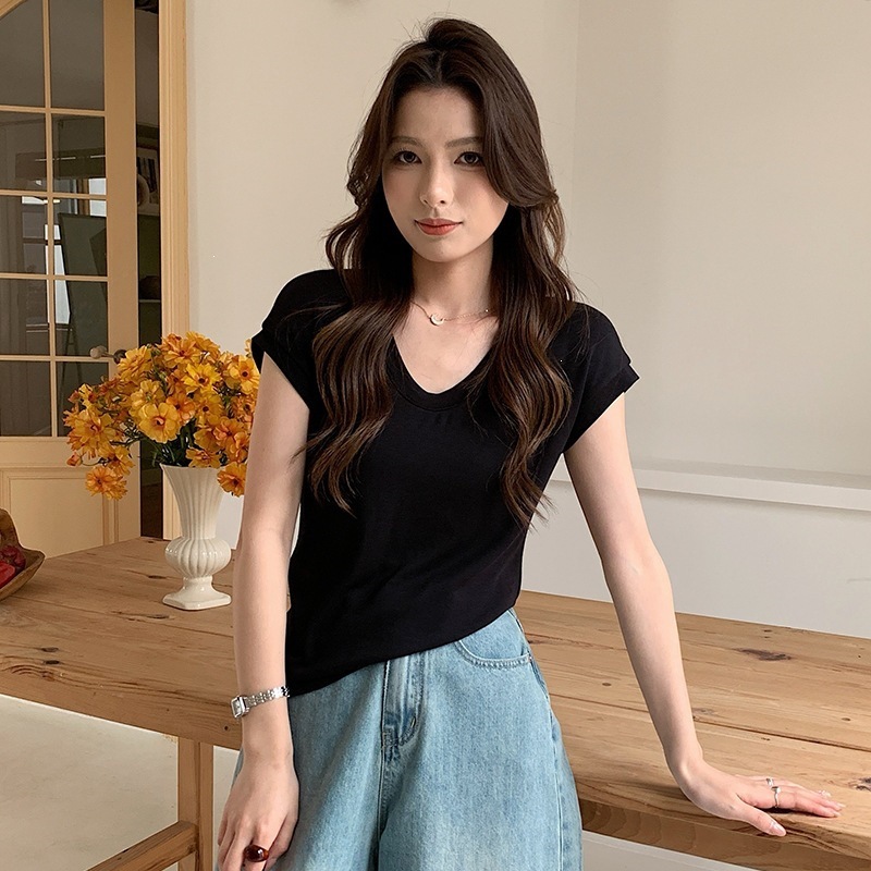 High-Quality Silk Wool Short-Sleeve Modal Women's Flutter Sleeve U-Neck T-Shirt, Petite Design, Versatile Base Top