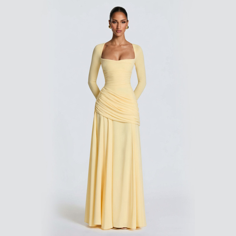 2026 New Foreign Trade European and American Style Women's Dress, Elegant Solid Color Square Neck Ruched Waist Large Hem Gown Dress for Women 2026 New Foreign Trade European and American Style Women's Dress, Elegant Solid Color Square Neck Ruched Waist Large Hem Gown Dress for Women
