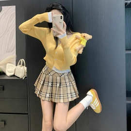 秋冬季韩系甜辣风套装短款拼接撞色开衫上衣格纹高腰半身裙两件套