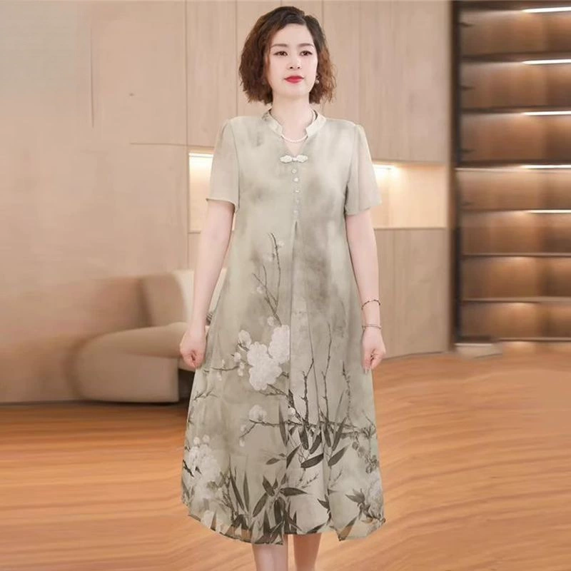 Летнее платье для мам среднего и пожилого возраста на День матери 2025, новый китайский стиль, модная благородная юбка