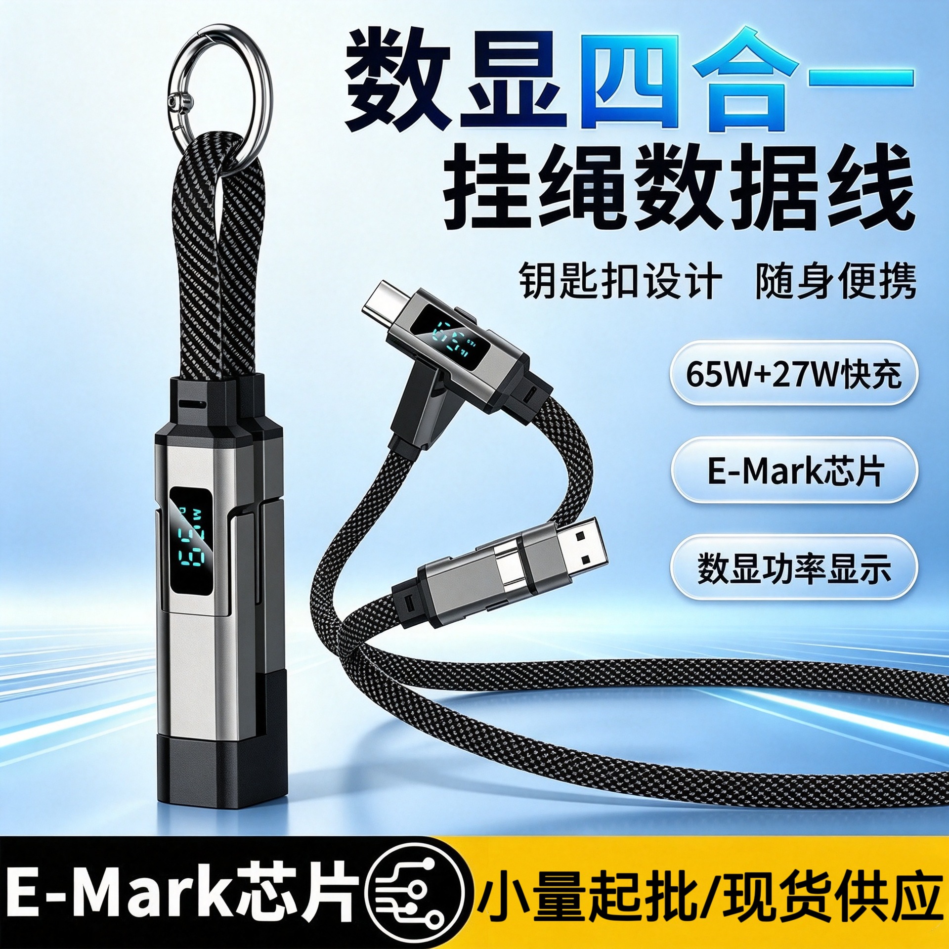 6A钥匙扣编织数显四合一PD快充线适用于苹果华为Type-c跨境数据线