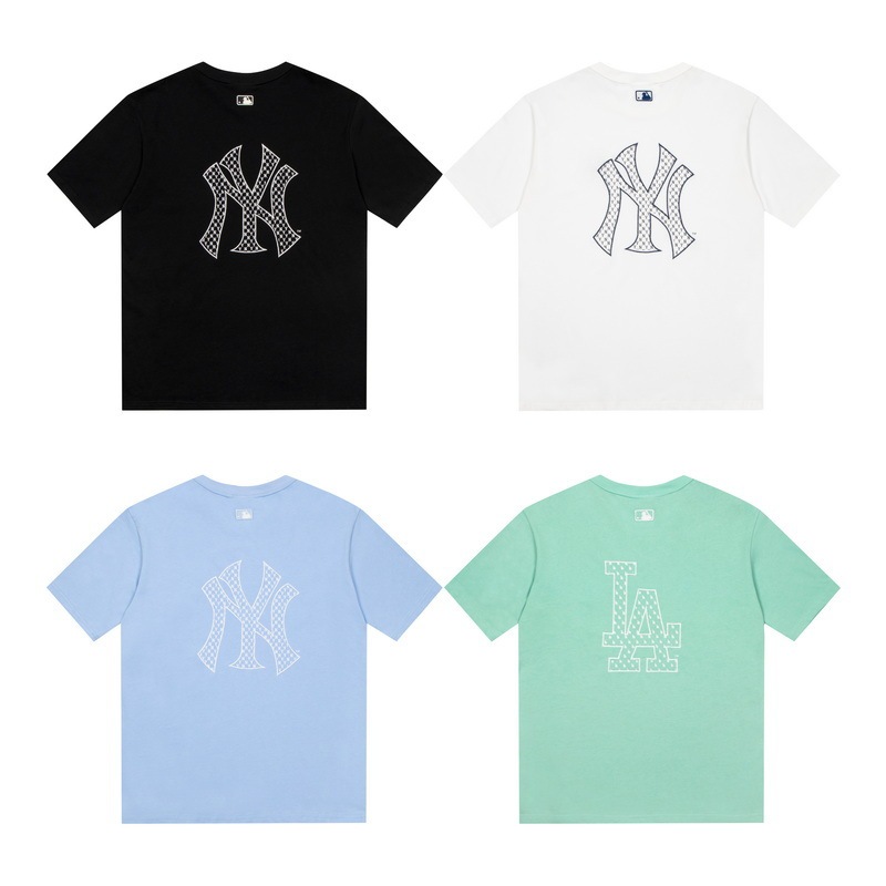 South Korea Trendy Brand MLB Short Sleeve Back LOGO Embroidered T-Shirt NY Old Flower Full Print Men's and Women's Round Neck Loose Cotton Top