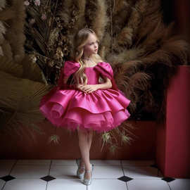 女童白色生日礼服2025夏季新款蝴蝶结式肩膀蓬蓬裙仙气主持演出服