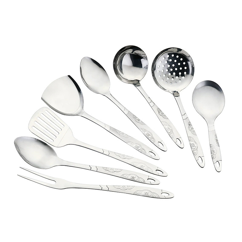Juego de utensilios de cocina de acero inoxidable 410 - Incluye espátula, cucharón, colador y tenedor - Diseño de girasol - Venta al por mayor