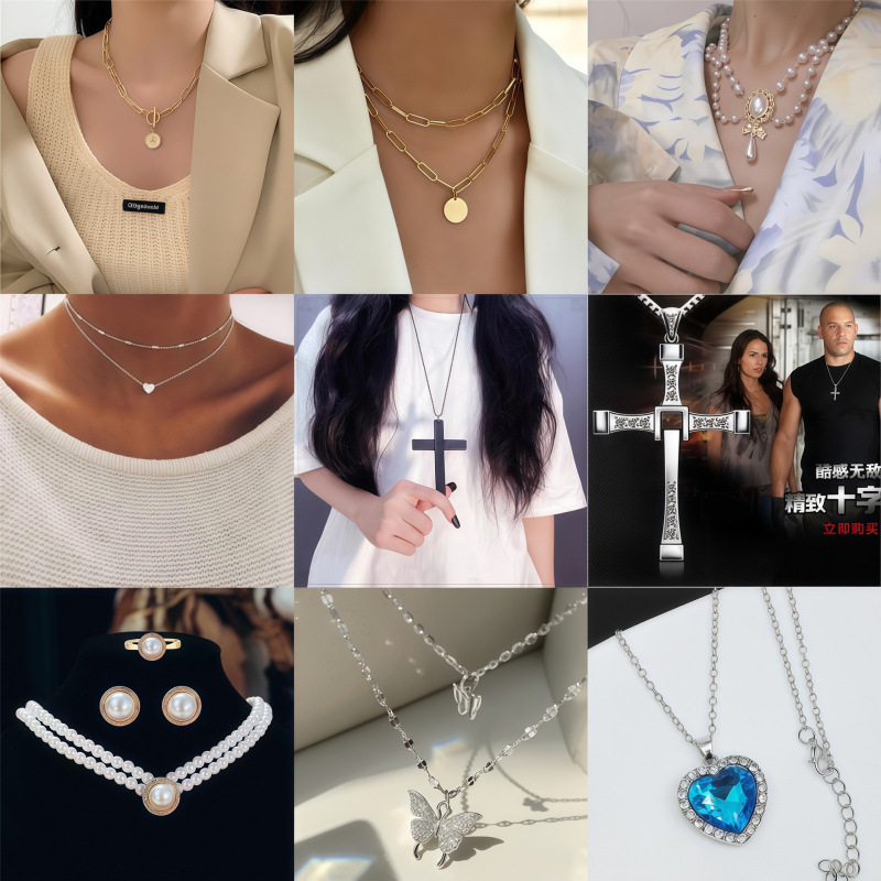 欧美跨境链条锁骨链十字架项链女珍珠颈链项圈毛衣链义乌饰品批发