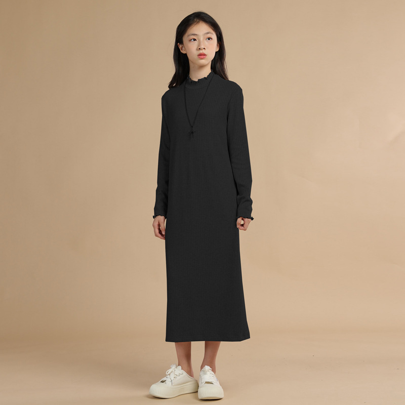 Largo tocando fondo de punto vestido niñas otoño e invierno nuevo estilo con abrigo interior desgaste flojo perezoso cuello alto suéter vestido de moda