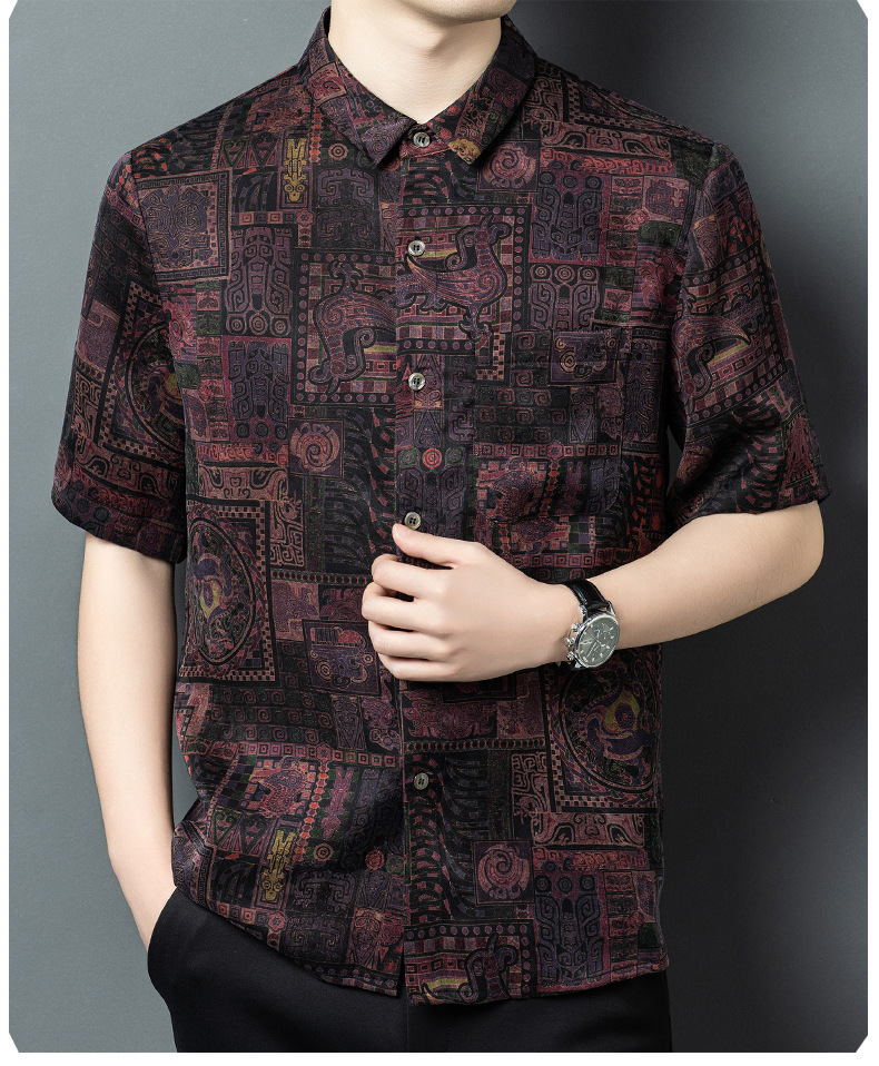 Áo sơ mi ngắn tay nam mulberry silk dáng rộng mùa hè — Da đen H187006 chi tiết 11