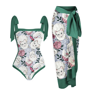2025 Amazon Cute Cat Floral Swimsuit Set Sweet Rose Print Swimsuit Women's Beach Cover-Up