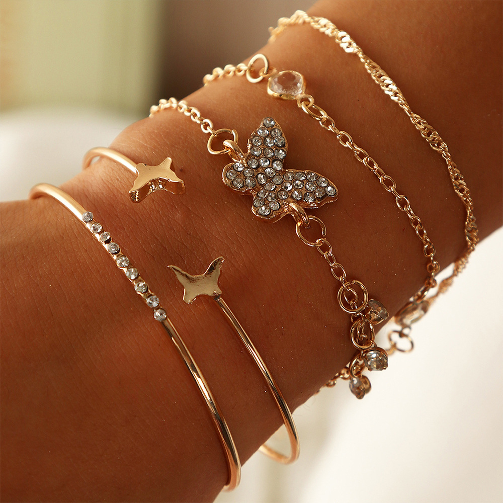 Bz1497 Nazhu European And American Open-ended Bracelet Creative Simple Geometric Chain Bracelet Diamond Butterfly Ring Bracelet display picture 2