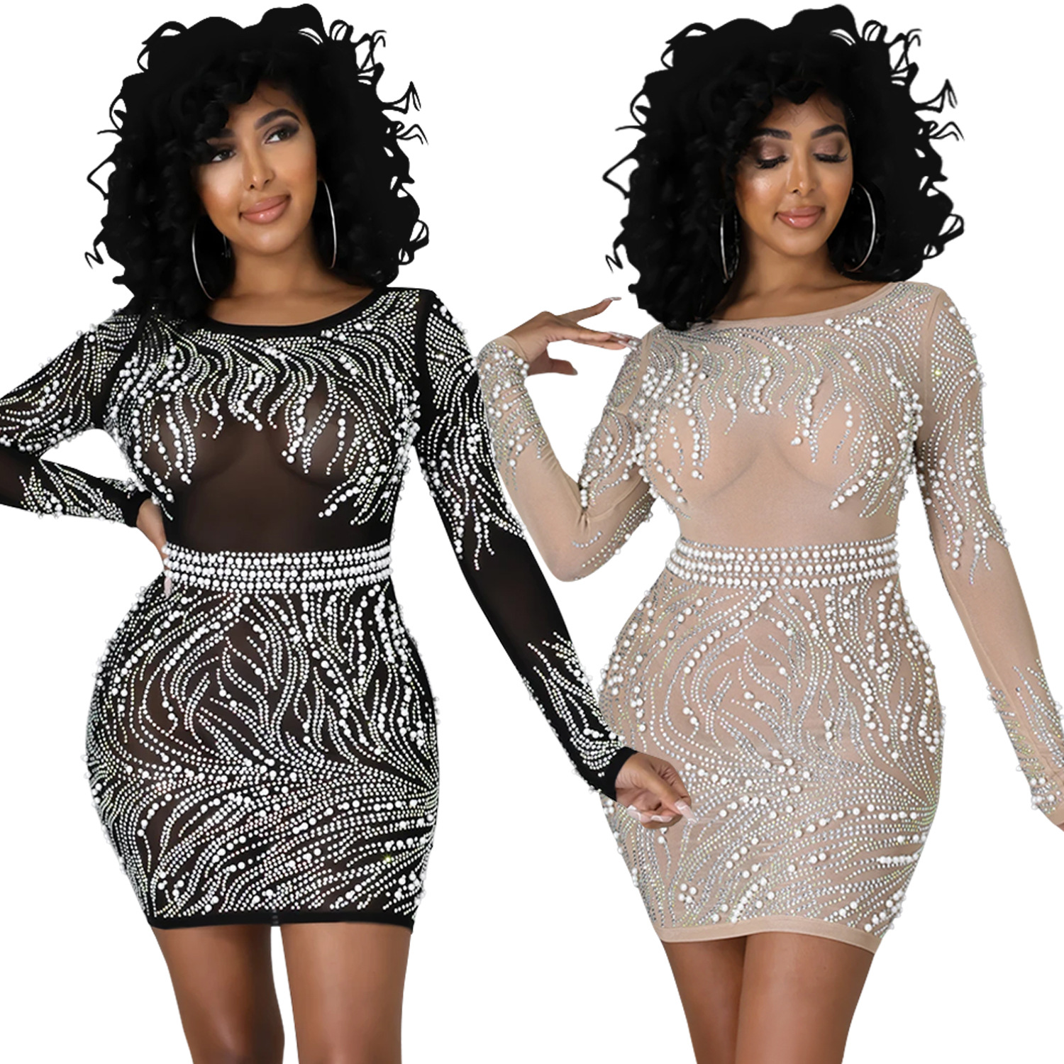 X5330 moda europea y americana nueva Amazon AliExpress sexy club nocturno malla ver-a través de ropa de mujer vestido caliente Rhinestone