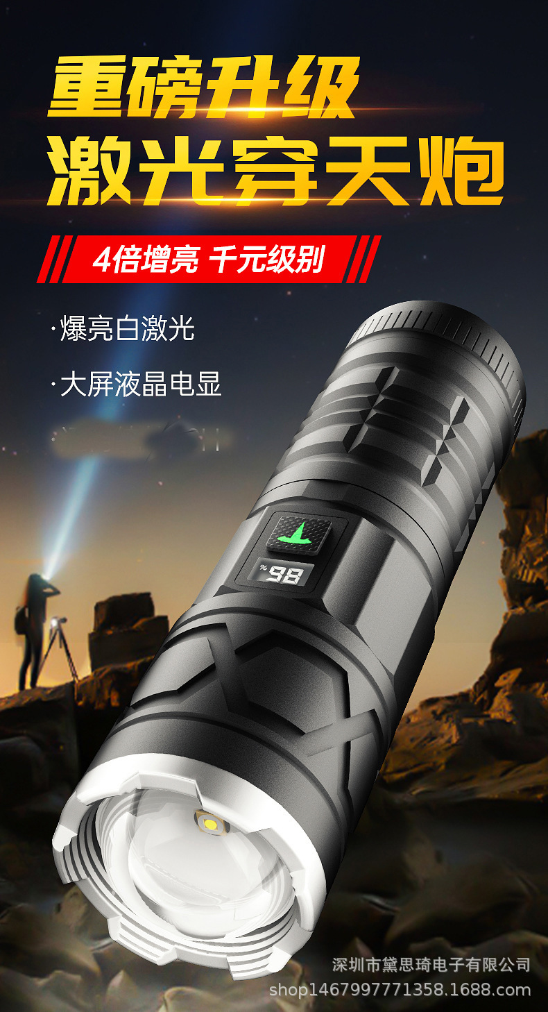 Amazon White Laser Flashlight, Outdoor USB Rechargeable Aluminum Alloy High-Intensity Zoomable Long-Lasting Flashlight, Wholesale